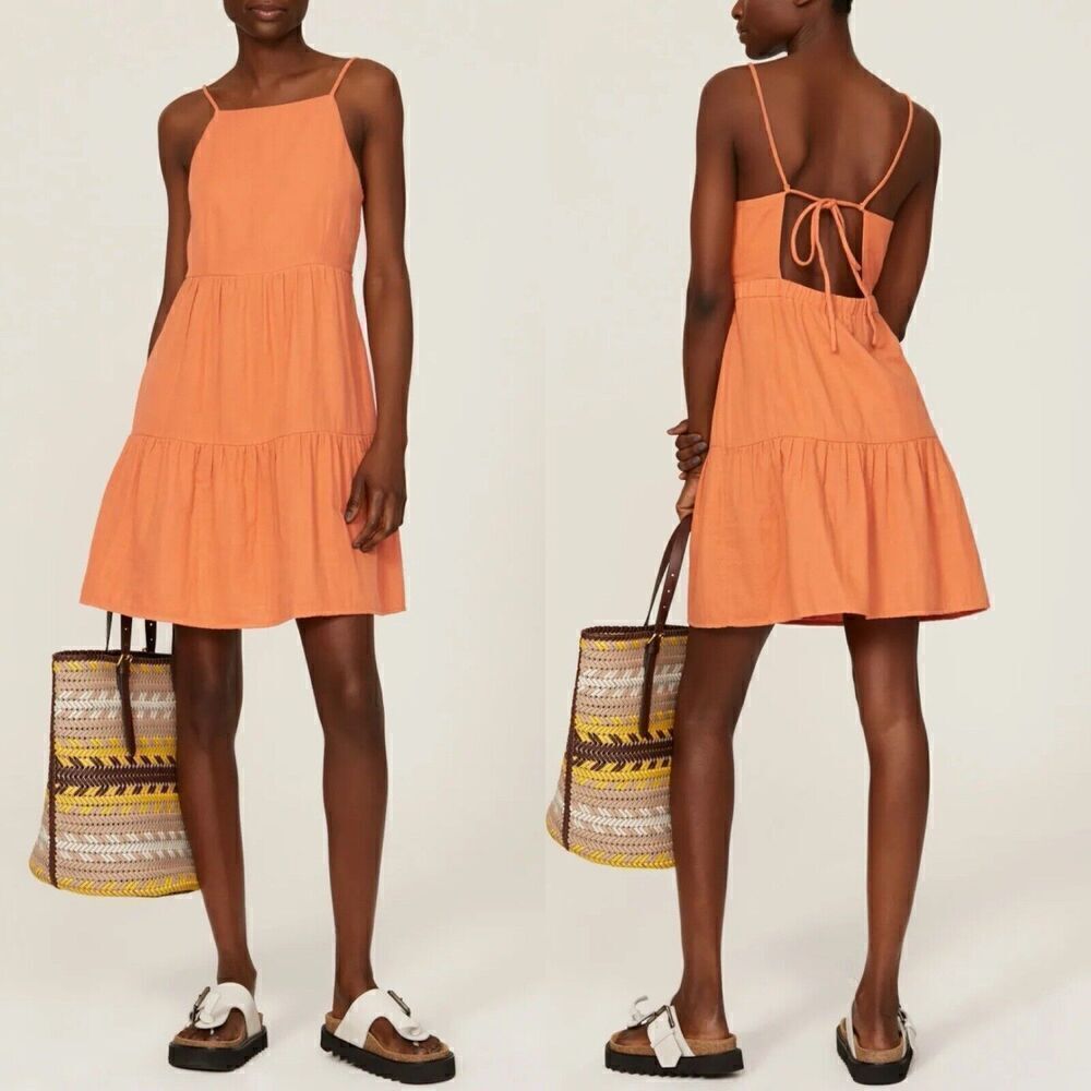 LOUNA Mini Dress Womens Medium Orange Tiered Shift Strappy Open Back Cotton